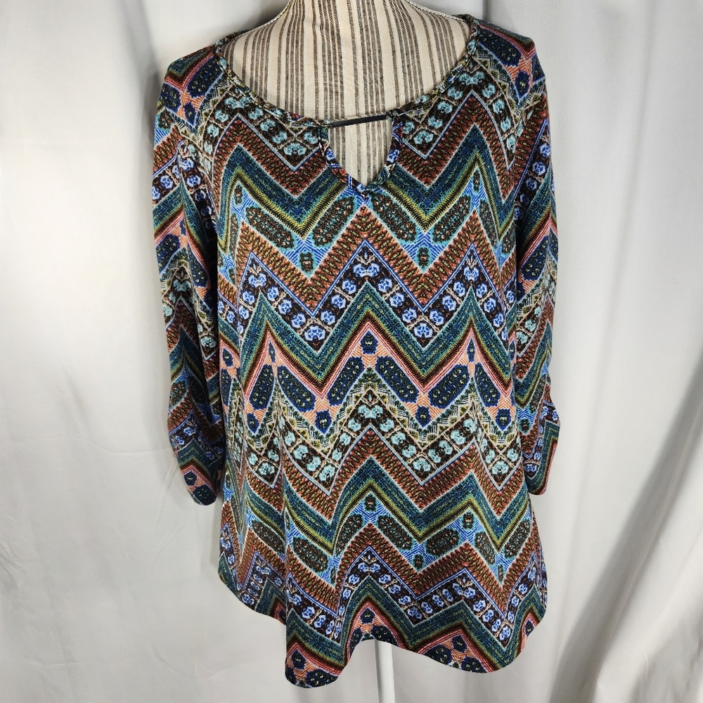 Bleeker & McDougal Multicolored Print Notched Neck w/ Bar Long Sleeve Top XLarge
